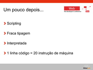Um pouco depois...  Scripting Fraca tipagem Interpretada 1 linha código = 20 instrução de máquina 