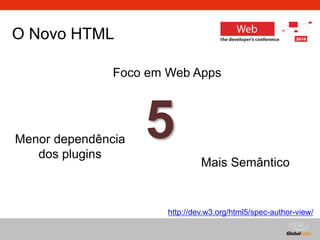 Globalcode – Open4education
O Novo HTML
5
Mais Semântico
Menor dependência
dos plugins
Foco em Web Apps
http://dev.w3.org/html5/spec-author-view/
 