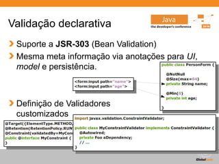 Globalcode – Open4education
Validação declarativa
Suporte a JSR-303 (Bean Validation)
Mesma meta informação via anotações para UI,
model e persistência.
Definição de Validadores
customizados
 