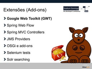 Globalcode – Open4education
Extensões (Add-ons)
Google Web Toolkit (GWT)
Spring Web Flow
Spring MVC Controllers
JMS Providers
OSGi e add-ons
Selenium tests
Solr searching
 