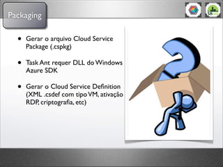 Packaging

  •   Gerar o arquivo Cloud Service
      Package (.cspkg)

  •   Task Ant requer DLL do Windows
      Azure SDK

  •   Gerar o Cloud Service Deﬁnition
      (XML .csdef com tipo VM, ativação
      RDP, criptograﬁa, etc)
 