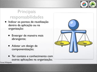 Principais
responsabilidades
• Indicar os pontos de reutilização
dentro da aplicação ou na
organização:
• Enxergar de maneira mais
abrangente;
• Adotar um design de
componentização;
• Ter contato e conhecimento com
outras aplicações na organização;
Fonte:Wikipedia
 