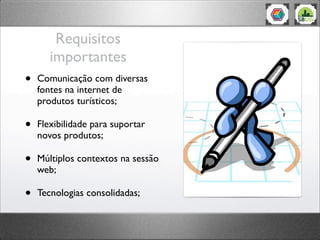 Requisitos
importantes
• Comunicação com diversas
fontes na internet de
produtos turísticos;
• Flexibilidade para suportar
novos produtos;
• Múltiplos contextos na sessão
web;
• Tecnologias consolidadas;
 