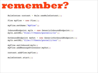 remember?
MuleContex context = Mule.newMuleContext();

Flow myFlow = new Flow();

myFlow.setName("MyFlow");

InboundEndpoint myIn = new GenericInboundEndpoint();
myIn.setURL("file:///Users/porcelli/in");

OutboundEndpoint myOut = new GenericOutboundEndpoint();
myIn.setURL("file:///Users/porcelli/out");

myFlow.setInbound(myIn);
myFlow.addMessageProcessor(myOut);

context.addFlow(myFlow);

muleContext.start();
 