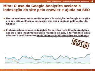 Mito: O uso do Google Analytics acelera a indexação do site pelo crawler e ajuda no SEOMuitos webmasters acreditam que a instalação do Google Analytics em seu site melhora a indexação das suas páginas pelo motor do GoogleEmbora sabemos que os insights fornecidos pelo Google Analytics são de ajuda inestimáveis para melhora do site, a ferramenta em si não tem absolutamente nenhum impacto direto sobre os rankings.65