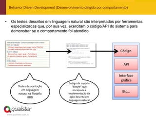 Behavior Driven Development (Desenvolvimento dirigido por comportamento)



•      Os testes descritos em linguagem natural são interpretados por ferramentas
       especializadas que, por sua vez, exercitam o código/API do sistema para
       demonstrar se o comportamento foi atendido.




                                                                        Código


                                                                          API

                                                                       Interface
                                                                        gráfica
                                         Codigo de suporte
              Testes de aceitação           “fixture” que
                em linguagem                 encapsula a
              natural na filosofia       implementação da
                                                                         Etc...
                      BDD                 ação descrita em
                                         linguagem natural




    www.qualister.com.br
 