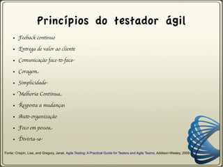 Princípios do testador ágil
     ●   Feeback continuo

     ●   Entrega de valor ao cliente

     ●   Comunicação face-to-face

     ●   Coragem

     ●   Simplicidade

     ●   Melhoria Contínua

     ●   Resposta a mudanças

     ●   Auto-organização

     ●   Foco em pessoa

     ●   Divirta-se

Fonte: Crispin, Lisa, and Gregory, Janet, Agile Testing: A Practical Guide for Testers and Agile Teams, Addison-Wesley, 2009
 