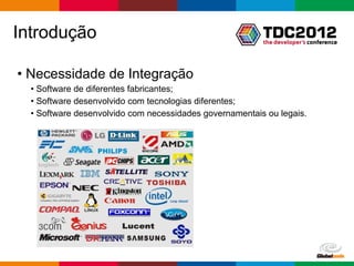 Introdução

• Necessidade de Integração
  • Software de diferentes fabricantes;
  • Software desenvolvido com tecnologias diferentes;
  • Software desenvolvido com necessidades governamentais ou legais.




                                                         Globalcode – Open4education
 