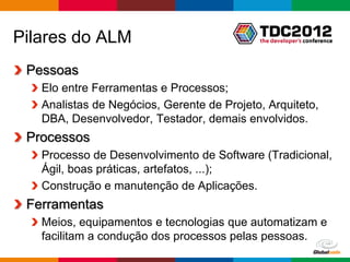 Pilares do ALM
 Pessoas
   Elo entre Ferramentas e Processos;
   Analistas de Negócios, Gerente de Projeto, Arquiteto,
   DBA, Desenvolvedor, Testador, demais envolvidos.
 Processos
   Processo de Desenvolvimento de Software (Tradicional,
   Ágil, boas práticas, artefatos, ...);
   Construção e manutenção de Aplicações.
 Ferramentas
   Meios, equipamentos e tecnologias que automatizam e
   facilitam a condução dos processos pelas pessoas.
                                               Globalcode – Open4education
 