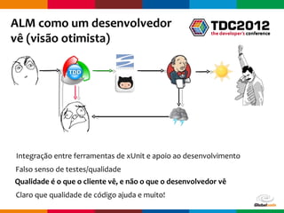 ALM como um desenvolvedor
vê (visão otimista)




Integração entre ferramentas de xUnit e apoio ao desenvolvimento
Falso senso de testes/qualidade
Qualidade é o que o cliente vê, e não o que o desenvolvedor vê
Claro que qualidade de código ajuda e muito!
                                                         Globalcode – Open4education
 