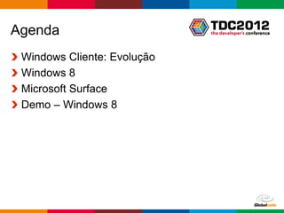 Agenda
 Windows Cliente: Evolução
 Windows 8
 Microsoft Surface
 Demo – Windows 8




                             Globalcode – Open4education
 