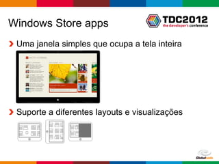 Windows Store apps
 Uma janela simples que ocupa a tela inteira




 Suporte a diferentes layouts e visualizações




                                         Globalcode – Open4education
 
