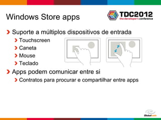 Windows Store apps
 Suporte a múltiplos dispositivos de entrada
   Touchscreen
   Caneta
   Mouse
   Teclado
 Apps podem comunicar entre si
   Contratos para procurar e compartilhar entre apps




                                              Globalcode – Open4education
 