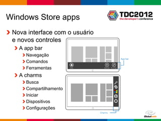 Windows Store apps
 Nova interface com o usuário
 e novos controles
   A app bar
     Navegação
     Comandos
     Ferramentas
   A charms
     Busca
     Compartilhamento
     Iniciar
     Dispositivos
     Configurações
                                Globalcode – Open4education
 