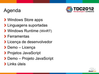 Agenda
 Windows Store apps
 Linguagens suportadas
 Windows Runtime (WinRT)
 Ferramentas
 Licença de desenvolvedor
 Demo – Licença
 Projetos JavaScript
 Demo – Projeto JavaScript
 Links úteis
                             Globalcode – Open4education
 