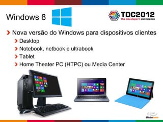 Windows 8
 Nova versão do Windows para dispositivos clientes
   Desktop
   Notebook, netbook e ultrabook
   Tablet
   Home Theater PC (HTPC) ou Media Center




                                            Globalcode – Open4education
 