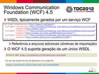 Windows Communication
Foundation (WCF) 4.5
 WSDL tipicamente gerados por um serviço WCF




   Referência a arquivos adicionais (diretivas de importação)
 O WCF 4.5 suporta geração de um único WSDL




                                               Globalcode – Open4education
 
