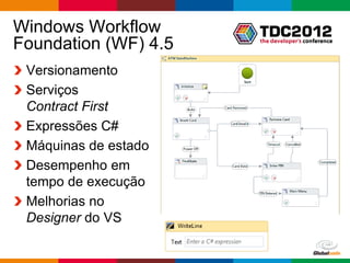 Windows Workflow
Foundation (WF) 4.5
 Versionamento
 Serviços
 Contract First
 Expressões C#
 Máquinas de estado
 Desempenho em
 tempo de execução
 Melhorias no
 Designer do VS

                      Globalcode – Open4education
 