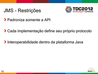 JMS - Restrições
     Padroniza somente a API

     Cada implementação define seu próprio protocolo

     Interoperabilidade dentro da plataforma Java




10                                        Globalcode – Open4education
 