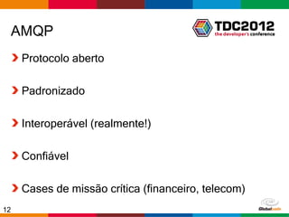 AMQP
     Protocolo aberto

     Padronizado

     Interoperável (realmente!)

     Confiável

     Cases de missão crítica (financeiro, telecom)
12                                         Globalcode – Open4education
 