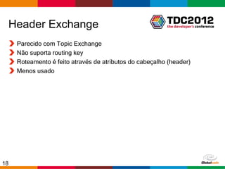 Header Exchange
     Parecido com Topic Exchange
     Não suporta routing key
     Roteamento é feito através de atributos do cabeçalho (header)
     Menos usado




18                                                       Globalcode – Open4education
 