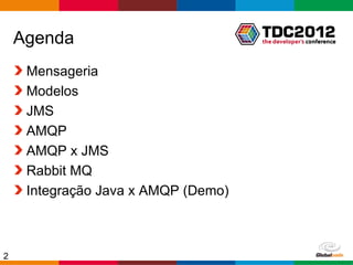 Agenda
     Mensageria
     Modelos
     JMS
     AMQP
     AMQP x JMS
     Rabbit MQ
     Integração Java x AMQP (Demo)



2                                    Globalcode – Open4education
 