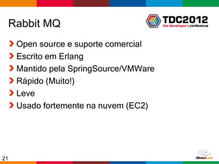 Rabbit MQ
     Open source e suporte comercial
     Escrito em Erlang
     Mantido pela SpringSource/VMWare
     Rápido (Muito!)
     Leve
     Usado fortemente na nuvem (EC2)




21                                      Globalcode – Open4education
 