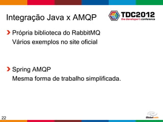Integração Java x AMQP
     Própria biblioteca do RabbitMQ
     Vários exemplos no site oficial



     Spring AMQP
     Mesma forma de trabalho simplificada.




22                                       Globalcode – Open4education
 