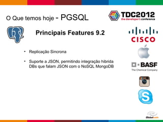 O Que temos hoje -       PGSQL
            Principais Features 9.2

      • Replicação Sincrona

      • Suporte a JSON, permitindo integração hibrida
        DBs que falam JSON com o NoSQL MongoDB




                                                        Globalcode – Open4education
 