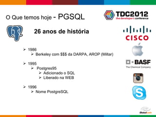 O Que temos hoje -     PGSQL
           26 anos de história

       1986
          Berkeley com $$$ da DARPA, AROP (Miltar)

       1995
          Postgres95
              Adicionado o SQL
              Liberado na WEB

       1996
          Nome PostgreSQL




                                                      Globalcode – Open4education
 