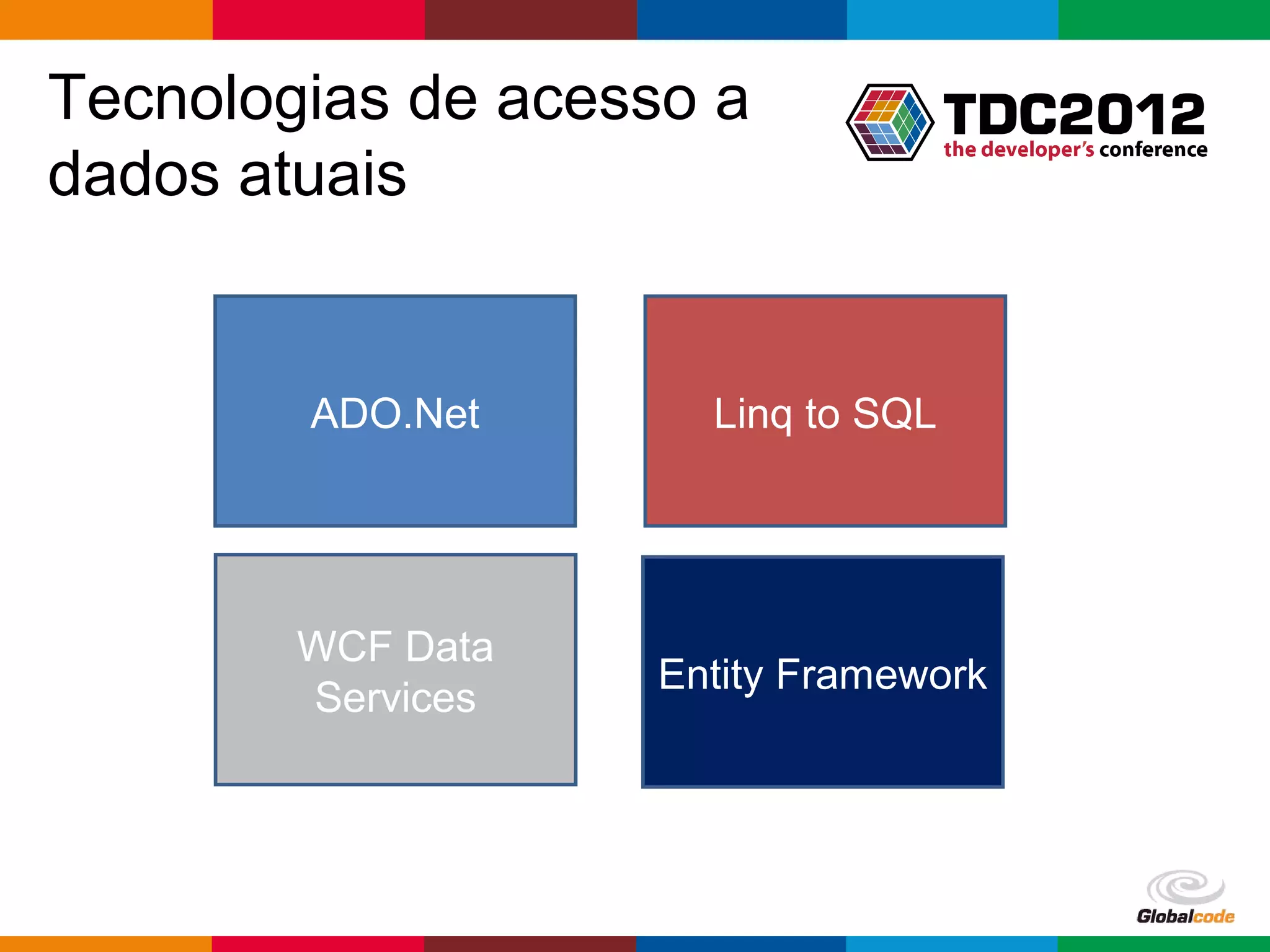 Tecnologias de acesso a
dados atuais


        ADO.Net      Linq to SQL




        WCF Data
                   Entity Framework
        Services




                                   Globalcode – Open4education
 