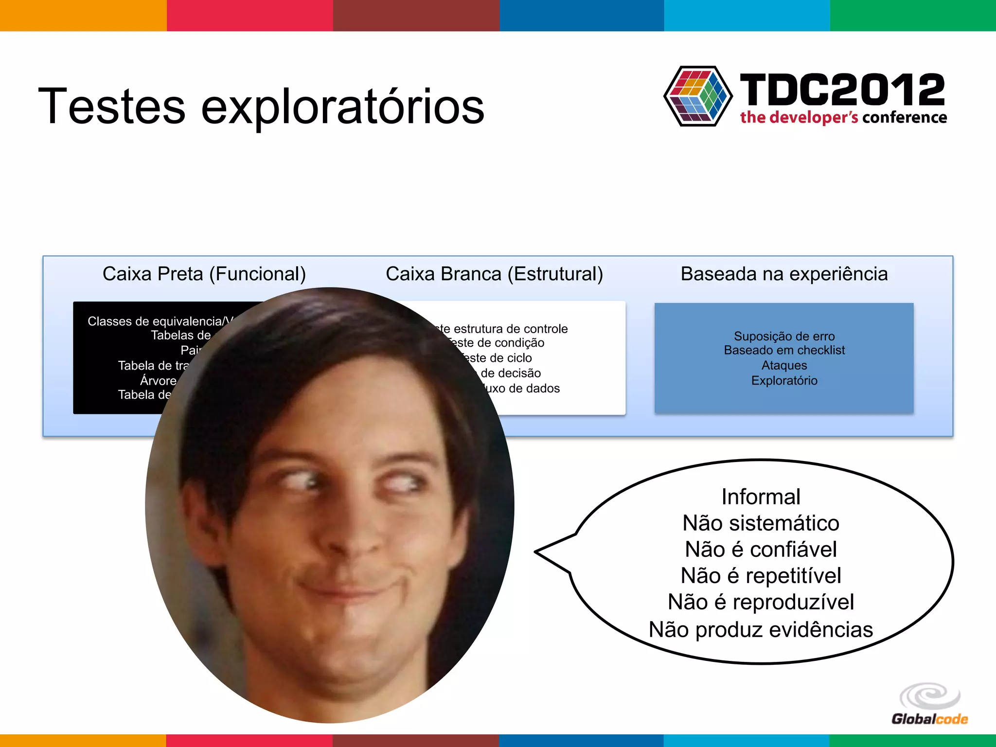 Testes exploratórios


    Caixa Preta (Funcional)                    Caixa Branca (Estrutural)            Baseada na experiência

  Classes de equivalencia/Valores limítrofes
                                                   Teste estrutura de controle
             Tabelas de decisão                                                          Suposição de erro
                                                       Teste de condição
                  Pairwise                                                              Baseado em checklist
                                                         Teste de ciclo
       Tabela de transição de estados                                                        Ataques
                                                        Teste de decisão
           Árvore de classificação                                                          Exploratório
                                                    Teste de fluxo de dados
       Tabela de transição de estados




                                                                                        Informal
                                                                                   Não sistemático
                                                                                    Não é confiável
                                                                                   Não é repetitível
                                                                                  Não é reproduzível
                                                                                 Não produz evidências



                                                                                          Globalcode	
  –	
  Open4education
 
