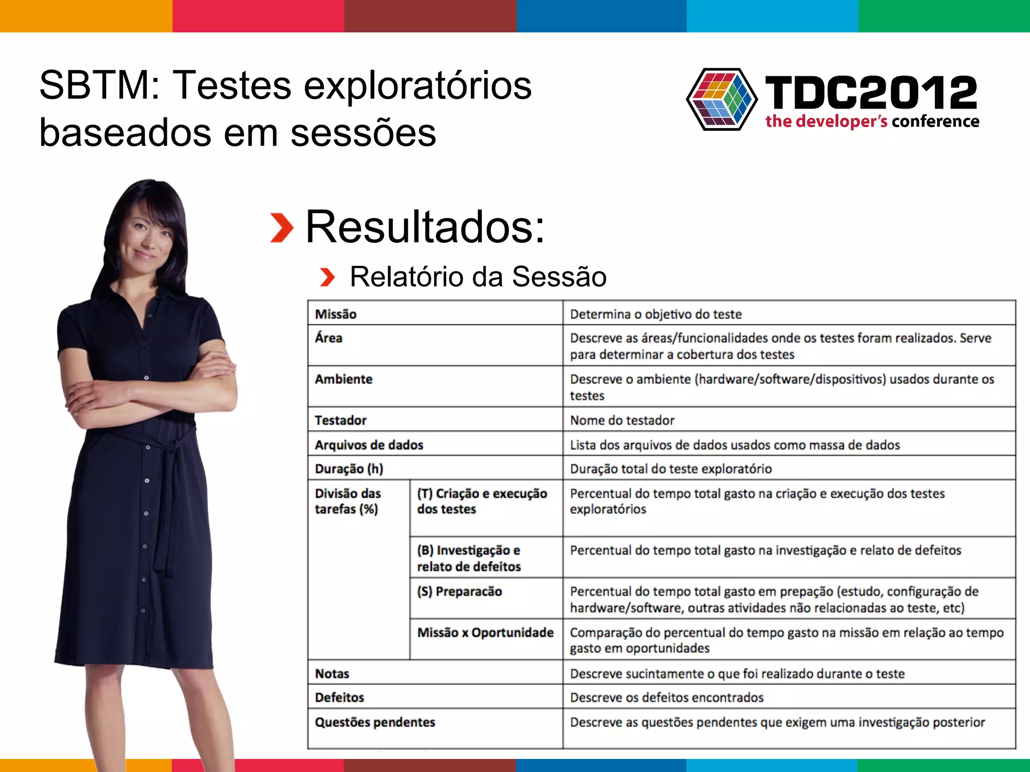 SBTM: Testes exploratórios
baseados em sessões

           !  Resultados:
              !   Relatório da Sessão




                                        Globalcode	
  –	
  Open4education
 