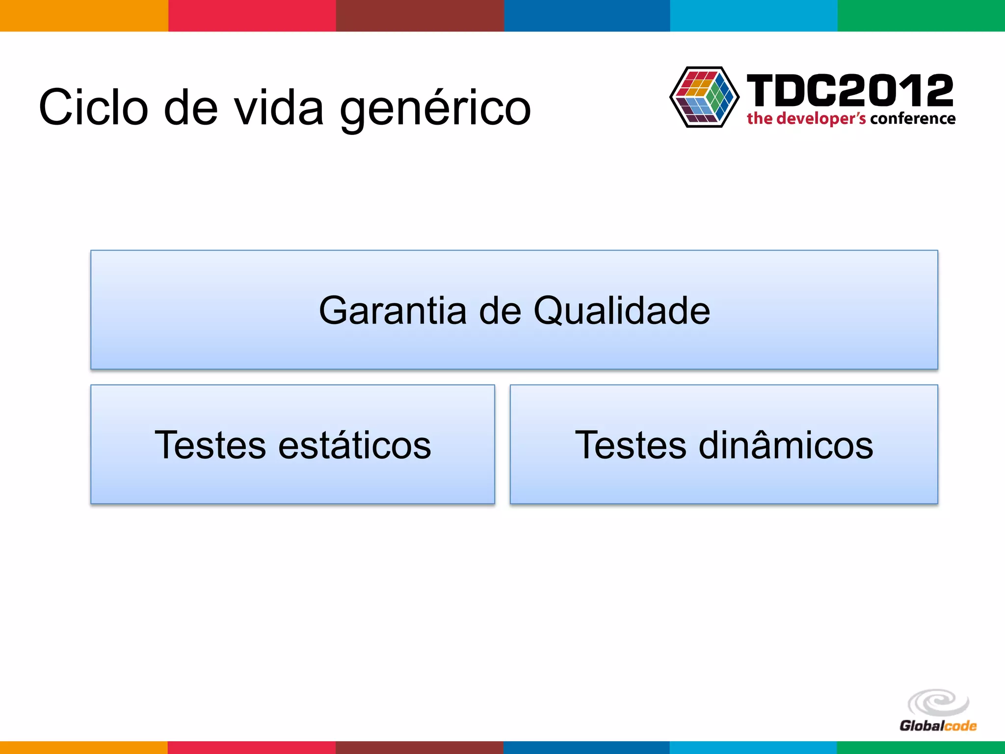Ciclo de vida genérico


              Garantia de Qualidade


     Testes estáticos      Testes dinâmicos




                                      Globalcode	
  –	
  Open4education
 