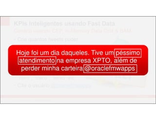 KPIs Inteligentes usando Fast Data
• Crie quantos tweets puder
sobre um determinado:
– Produto
– Atendimento
Cenário usando CEP, In-Memory Data Grid & BAM
Hoje foi um dia daqueles. Tive um péssimo
atendimento na empresa XPTO, além de
13 | © 2012 Oracle Corporation | The Developers Conference 2012
– Atendimento
– Serviço
• Cite adjetivos como “bom”,
“ruim”, “fraco”, “lento” etc
• Cite o usuário @oraclefmwapps
atendimento na empresa XPTO, além de
perder minha carteira @oraclefmwapps
 