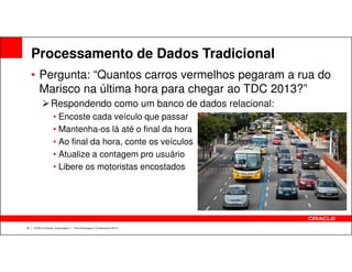 Processamento de Dados Tradicional
• Pergunta: “Quantos carros vermelhos pegaram a rua do
Marisco na última hora para chegar ao TDC 2013?”
Respondendo como um banco de dados relacional:
• Encoste cada veículo que passar
• Mantenha-os lá até o final da hora
19 | © 2013 Oracle Corporation | The Developers Conference 2013
• Ao final da hora, conte os veículos
• Atualize a contagem pro usuário
• Libere os motoristas encostados
 
