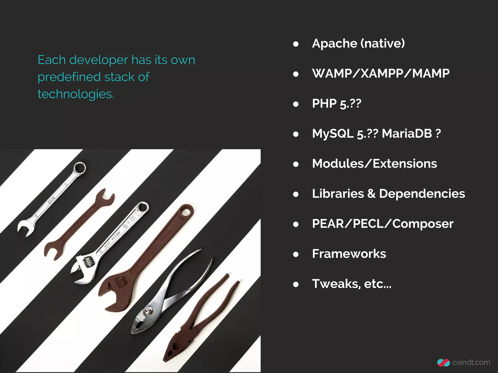 ●
Each developer has its own
predefined stack of
technologies.

Apache (native)

●

WAMP/XAMPP/MAMP

●

PHP 5.??

●

MySQL 5.?? MariaDB ?

●

Modules/Extensions

●

Libraries & Dependencies

●

PEAR/PECL/Composer

●

Frameworks

●

Tweaks, etc...

 