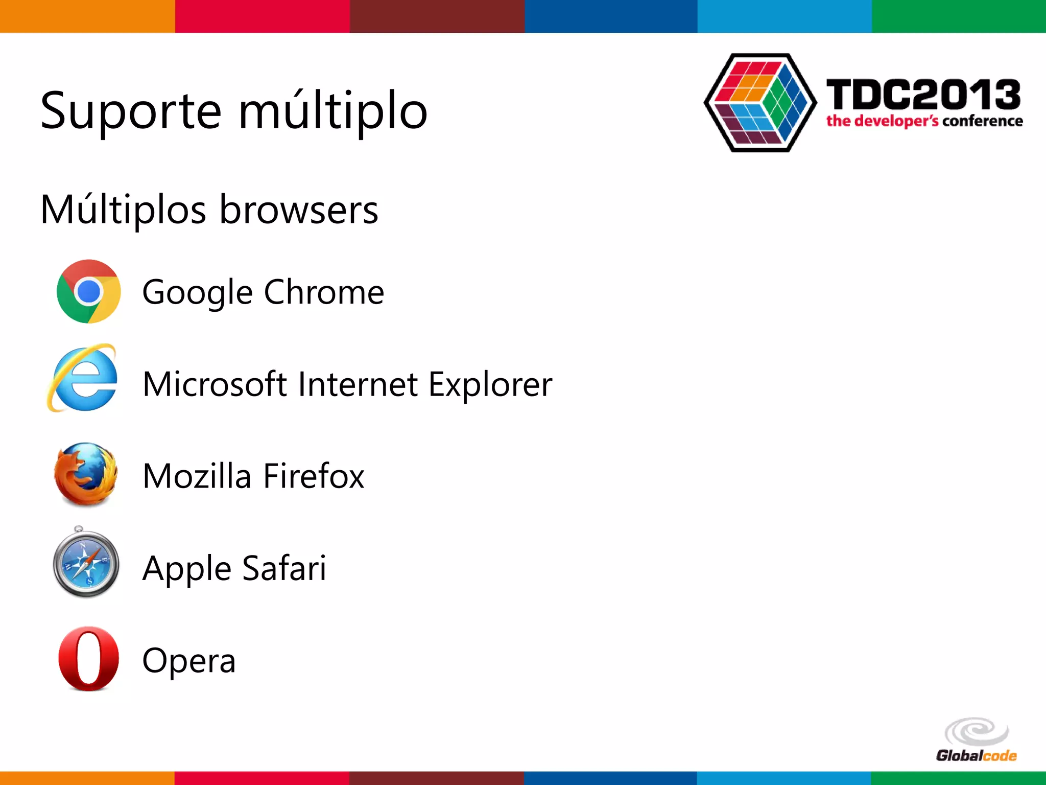 Globalcode – Open4education
Suporte múltiplo
Múltiplos browsers
Google Chrome
Microsoft Internet Explorer
Mozilla Firefox
Apple Safari
Opera
 