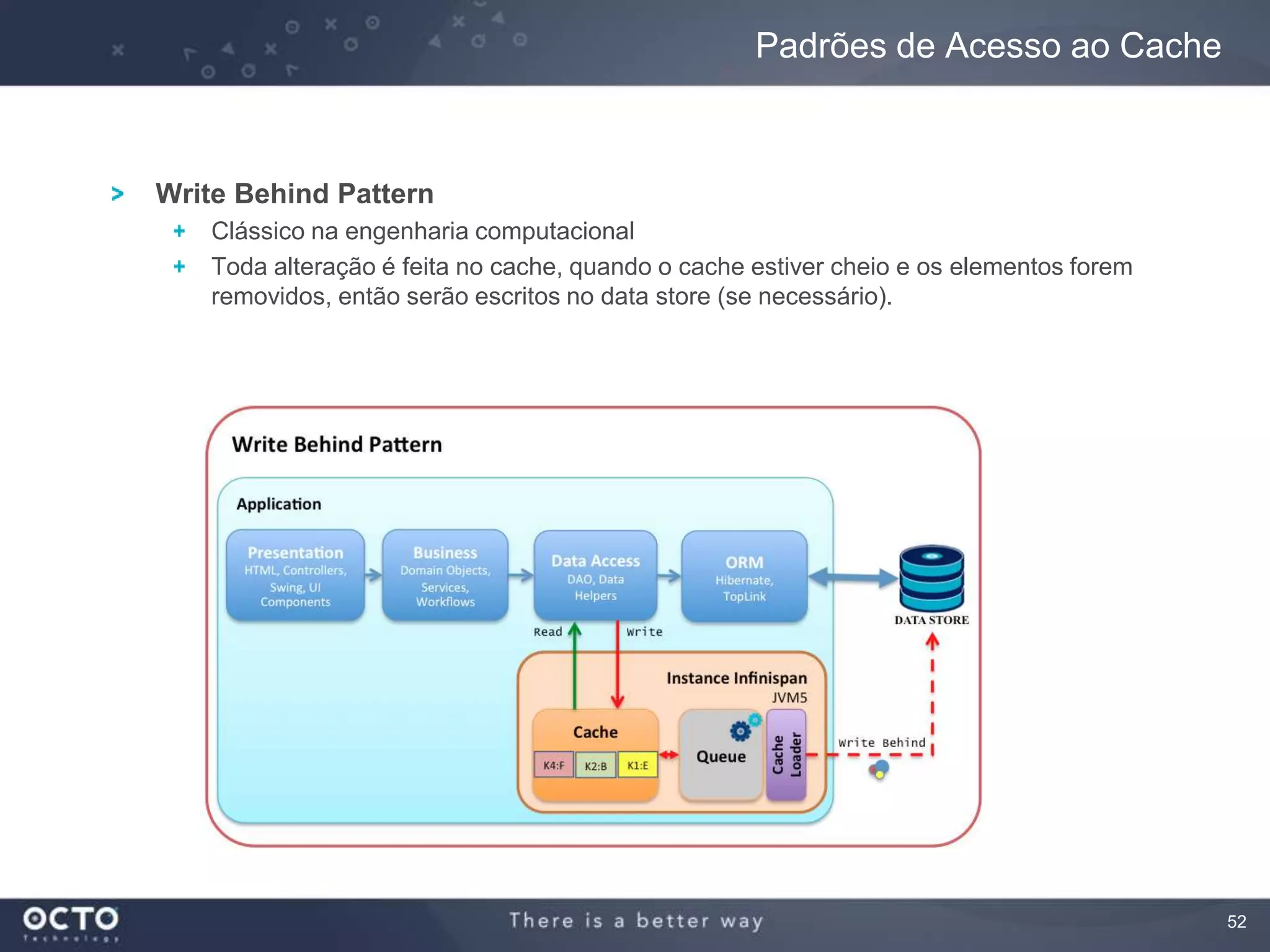 52
Write Behind Pattern
Clássico na engenharia computacional
Toda alteração é feita no cache, quando o cache estiver cheio e os elementos forem
removidos, então serão escritos no data store (se necessário).
Padrões de Acesso ao Cache
 