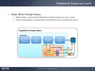 51
Read / Write Through Pattern
Neste modo, o cache store é alterado ao mesmo tempo em que o cache
Como consequência, o cache store é consistente com o conteúdo do cache.
Padrões de Acesso ao Cache
 