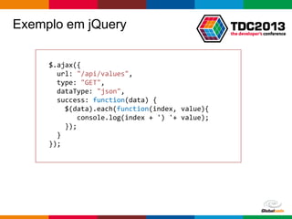 Globalcode – Open4education
Exemplo em jQuery
$.ajax({
url: "/api/values",
type: "GET",
dataType: "json",
success: function(data) {
$(data).each(function(index, value){
console.log(index + ') '+ value);
});
}
});
 