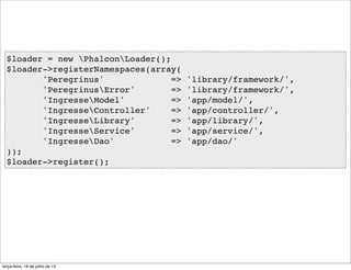 $loader = new PhalconLoader();
$loader->registerNamespaces(array(
'Peregrinus' => 'library/framework/',
'PeregrinusError' => 'library/framework/',
'IngresseModel' => 'app/model/',
'IngresseController' => 'app/controller/',
'IngresseLibrary' => 'app/library/',
'IngresseService' => 'app/service/',
'IngresseDao' => 'app/dao/'
));
$loader->register();
terça-feira, 16 de julho de 13
 