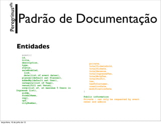 Padrão de Documentação
event:{
id,
title,
description,
type,
status,
saleEnabled,
link,
date{list of event dates},
planner{default set Planner},
addedBy{default set User},
category{list of Tags},
venue{full set Venue},
rsvp{list of, at maximum 5 Users in
Ingresse list},
aiddp,
formalName,
cnpj,
cpf,
cityNumber,
private,
totalTicketsSold,
totalTickets,
totalRevenue,
totalIngresseTax,
totalMoipTax,
totalProfit,
tax,
taxToCostumer,
creationDate,
modificationDate
}
Public information
Private - can only be requested by event
owner and admins
Entidades
Peregrinusalfa
terça-feira, 16 de julho de 13
 