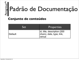 Padrão de Documentação
Conjunto de conteúdos
Set Properties
Default
id, title, description (200
chars), date, type, link,
venue
Peregrinusalfa
terça-feira, 16 de julho de 13
 
