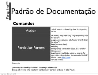 Padrão de Documentação
Action
Particular Params
List all events ordered by date from past to
future
lat (none): requires long (higher priority than
the state*)
long(none): requires lat (higher priority than
the state*)
from(present date)
to(none)
state(none): valid state code. Ex.: am for
"Amazonas"
term(none): text to be used to search for
tags, titles, description, link encoded in URI
format - see RFC-3986.
venues names
Exemplo
/event/?term=Migration%20Party&state=sp
Brings all events who has term words in any context and are in São Paulo.
Comandos
Peregrinusalfa
terça-feira, 16 de julho de 13
 