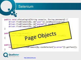 Selenium
http://seleniumhq.org
Page	
  Objects	
  
 