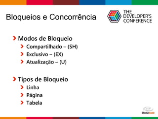 Globalcode – Open4education
Bloqueios e Concorrência
Modos de Bloqueio
Compartilhado – (SH)
Exclusivo – (EX)
Atualização – (U)
Tipos de Bloqueio
Linha
Página
Tabela
 