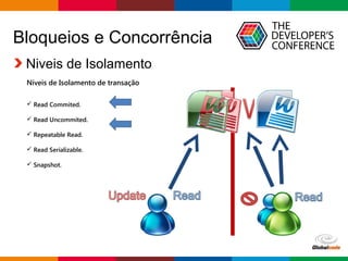 Globalcode – Open4education
Bloqueios e Concorrência
Niveis de Isolamento
Níveis de Isolamento de transação
 Read Commited.
 Read Uncommited.
 Repeatable Read.
 Read Serializable.
 Snapshot.
 