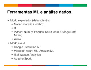 Globalcode	
  –	
  Open4education
Ferramentas ML e análise dados!
•  Modo explorador (data scientist)
•  Matlab statistics toolbox
•  R
•  Python: NumPy, Pandas, Scikit-learn, Orange Data
Mining
•  Weka
•  Modo cloud
•  Google Prediction API
•  Microsoft Azure ML, Amazon ML
•  IBM Watson Analytics
•  Apache Spark
 