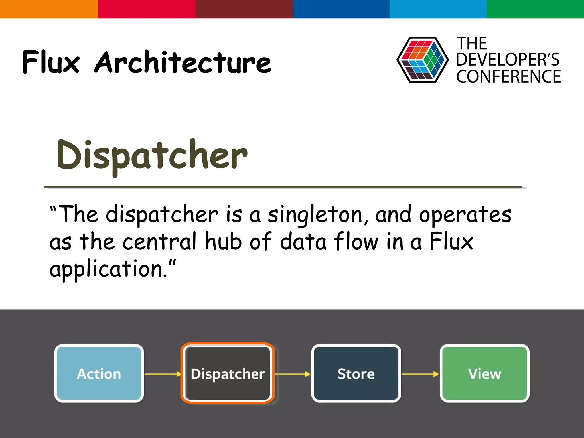 Globalcode – Open4education Flux Architecture Dispatcher “The dispatcher is a singleton, and operates as the central hub of data flow in a Flux application.” 